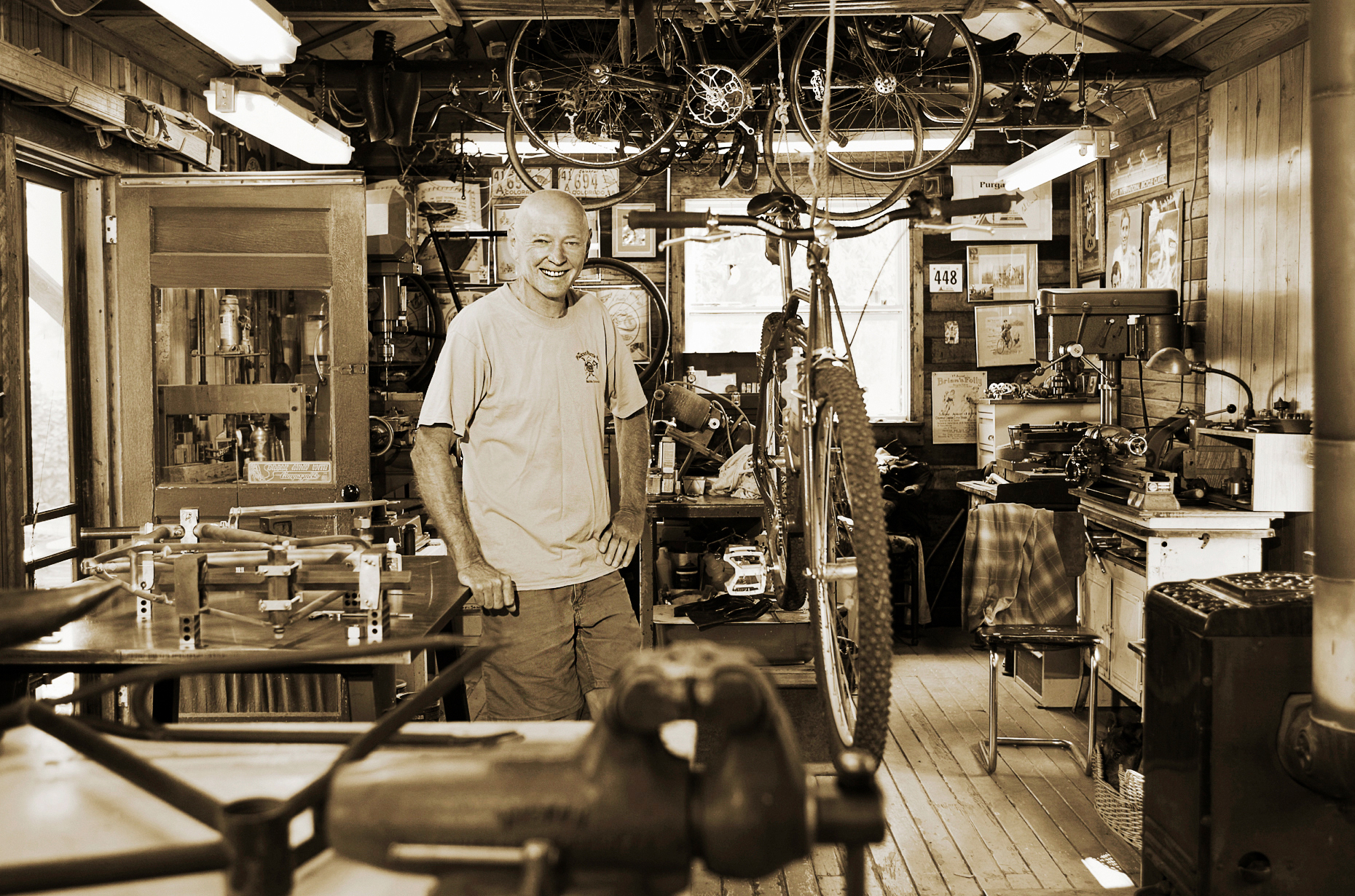 Custom bicycle frame builder Don McClung photographed in his workshop along the Arkansas River in Salida, Colorado, USA