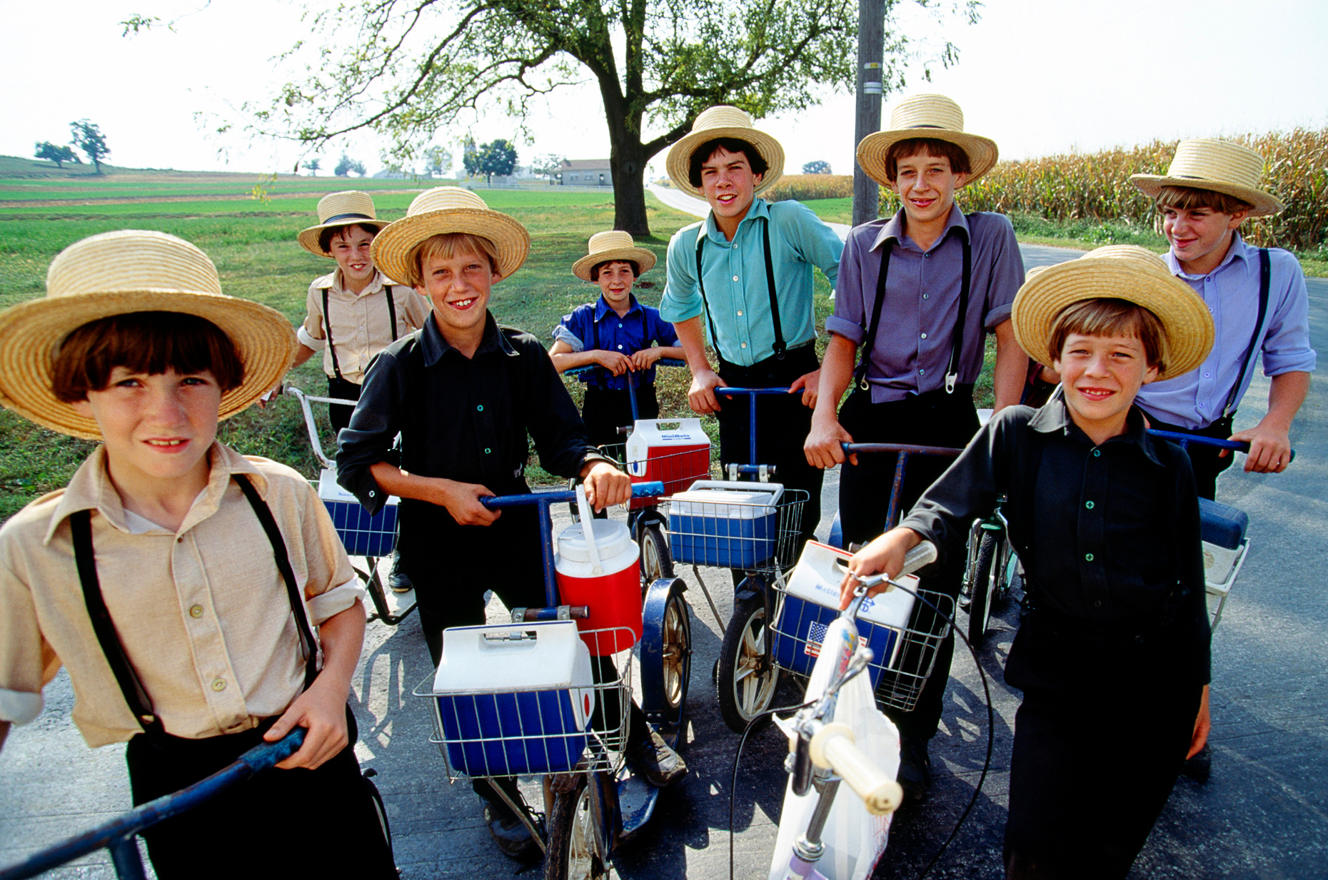 Portrait of a group of Amish school boys with their bicycles and scooters, Lancaster County, Pennsylvania