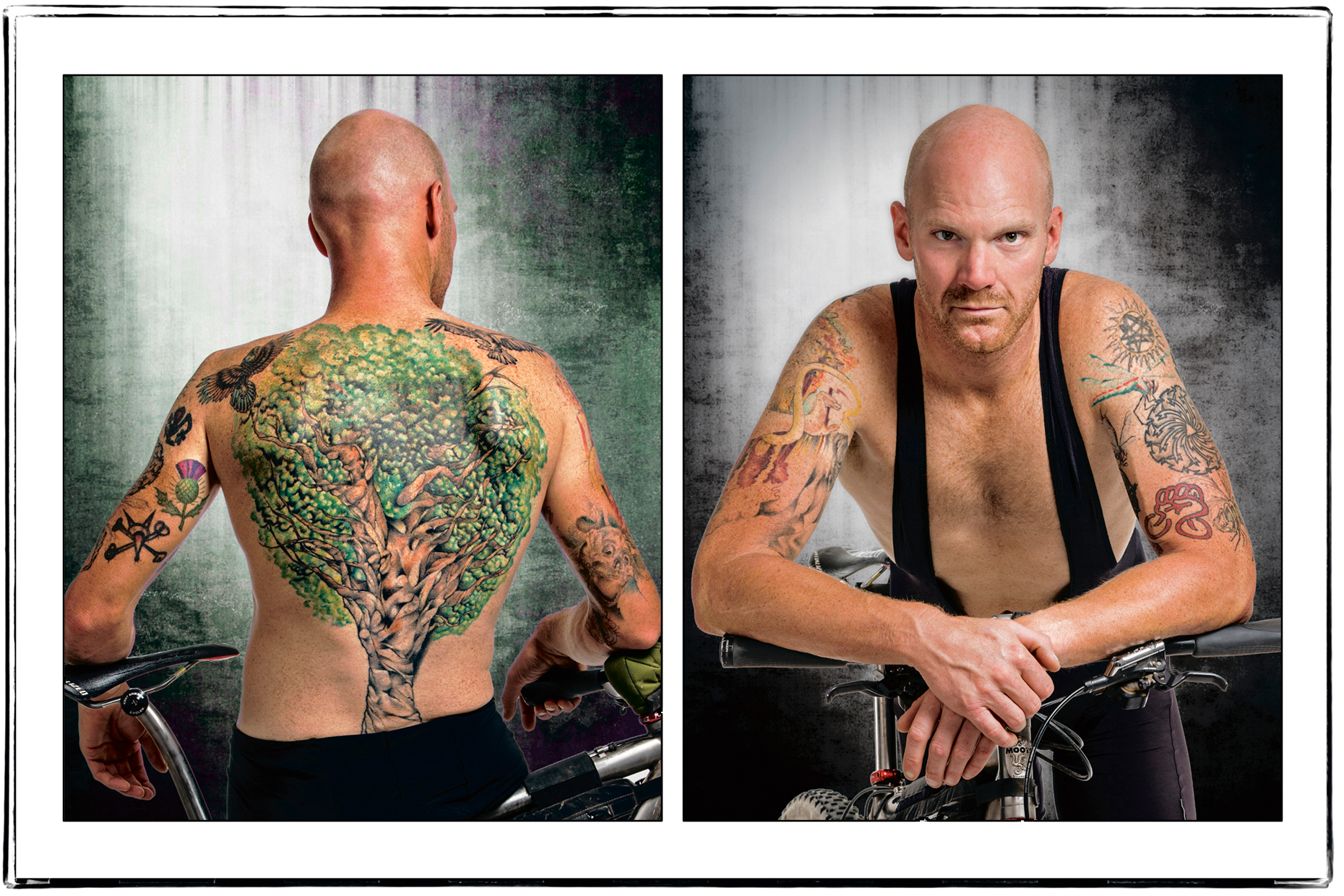 Studio portrait of tattoos on a male mountain biker