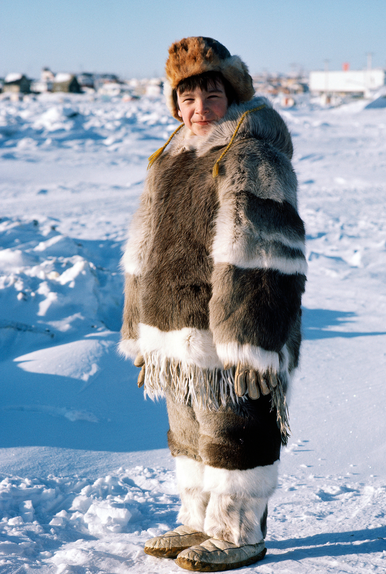 Boy dressed in traditional Inuit skin clothing, Iqaluit, Baffin 