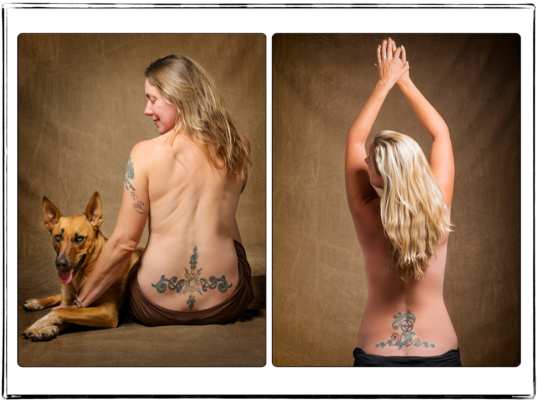 Studio portrait of tattoos on two beautiful blonde haired partially nude women with a pet dog