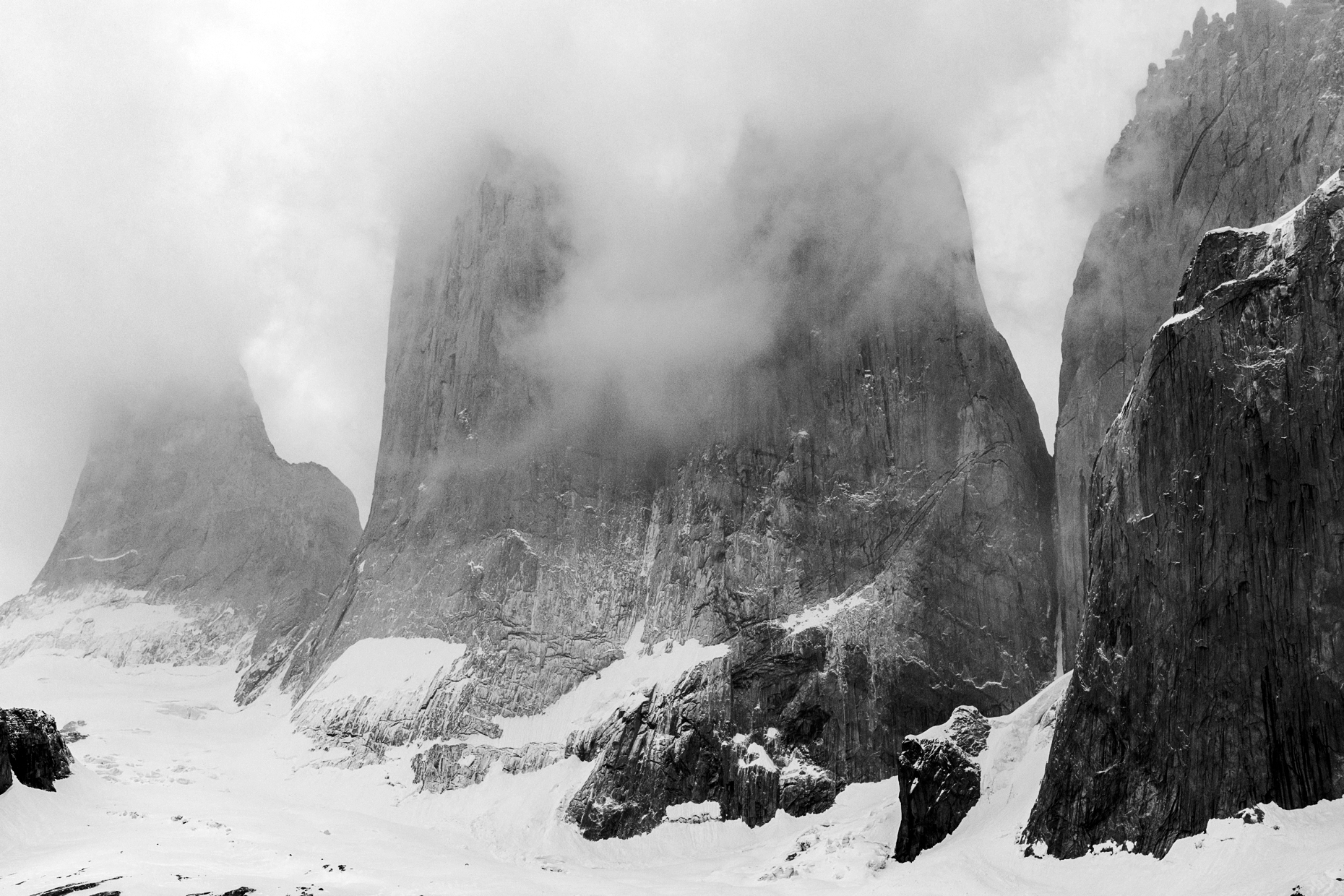 Pre dawn misty view of Torres del Paine; Torre Sur; Torre Cental; Torre Norte; Pienta; Cordillera del Paine; Torres del Paine National Park; Chile