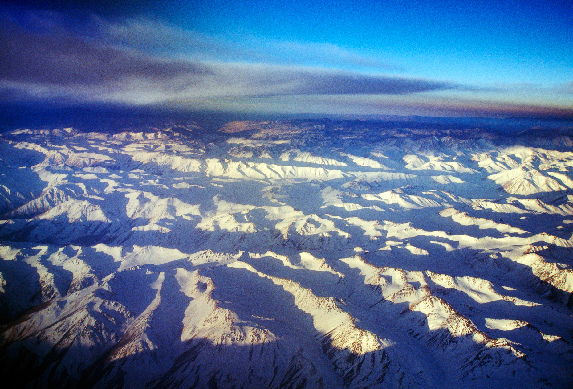 Aerial view of snow covered peaks in the Andes Mountains, Chile