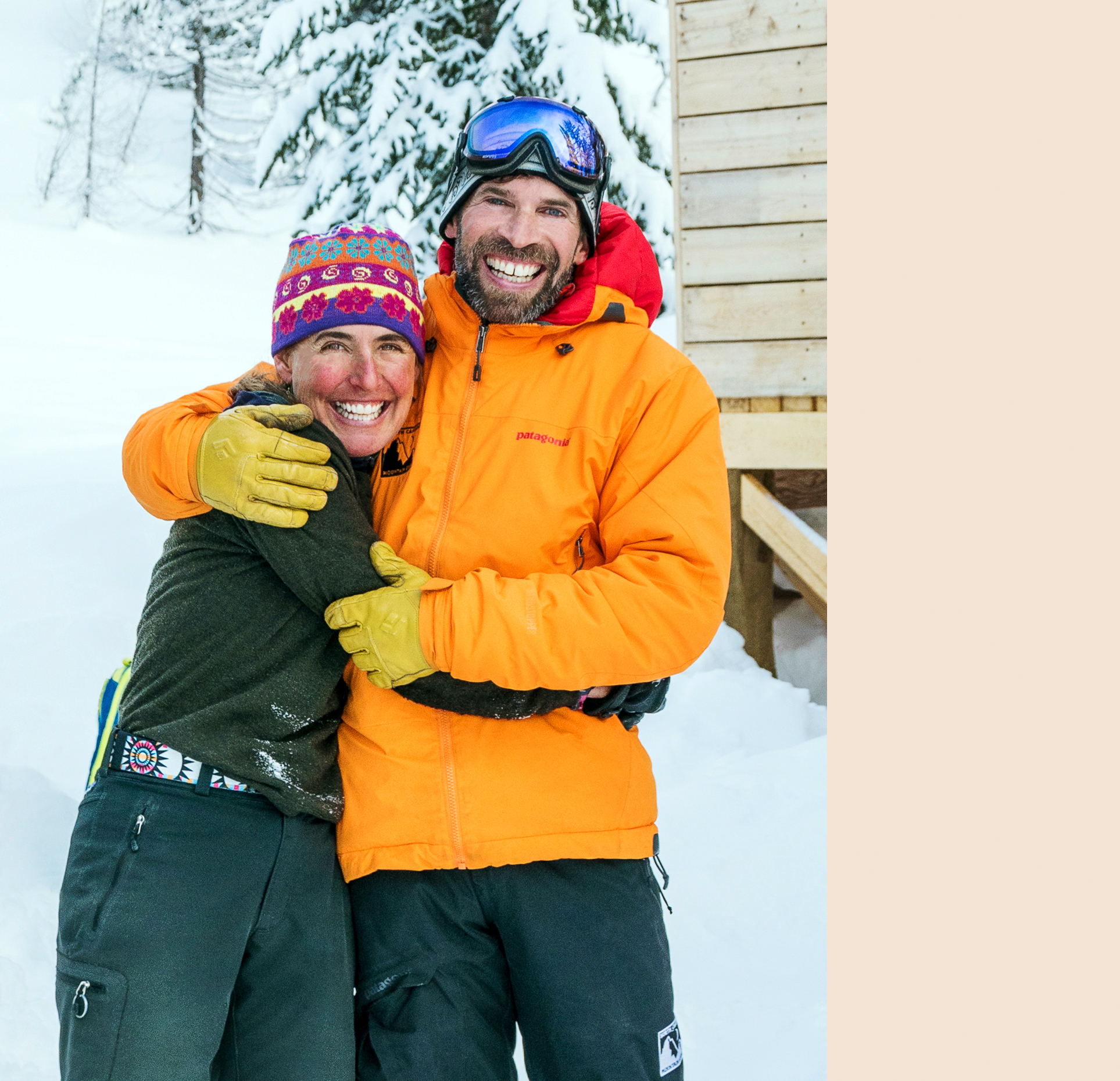 Back country skiers pose for photograph at remote Mount Carlyle Lodge; Selkirk Mountains; British Columbia; Canada