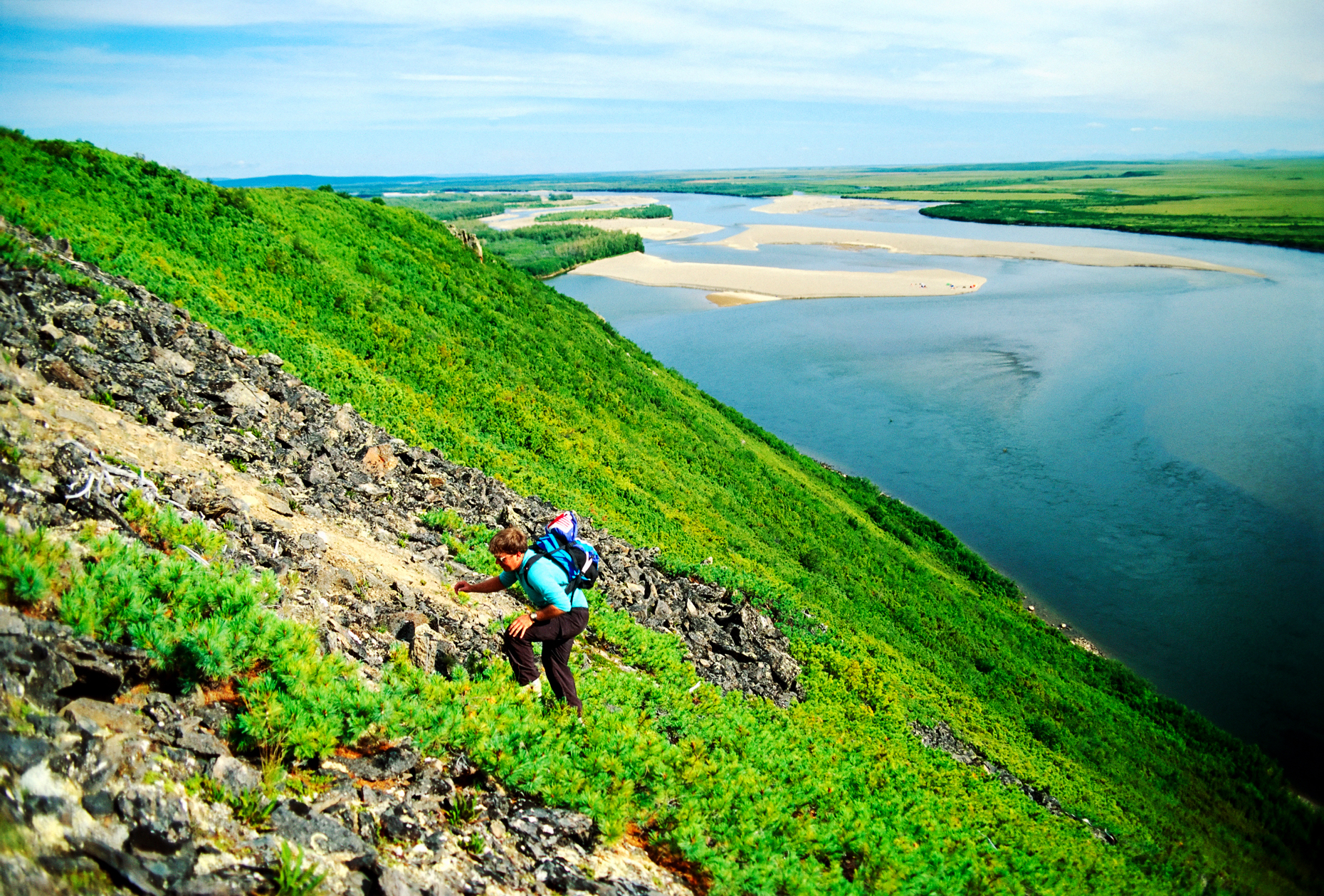 American tourist hiking above the Belaya River, Chukchi Peninsula, Magadon Region, Siberia, former Soviet Union