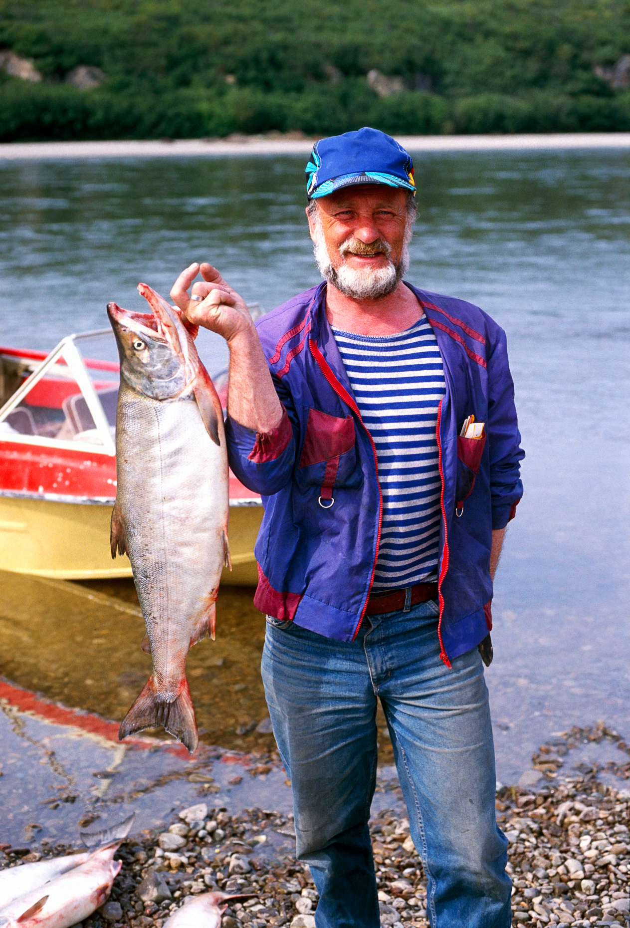 River guide holding a freshly caught salmon, Belaya River, Chukchi Peninsula, Magadon Region, Siberia, former Soviet Union