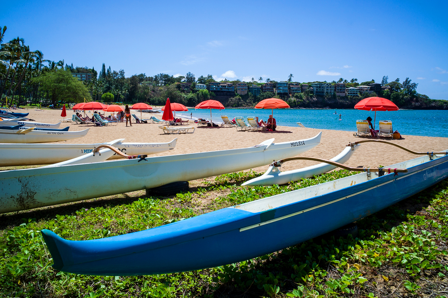 Outrigger canoes on the beach, Kaua’i Marriott Resort; Kalapaki Bay, Kaua