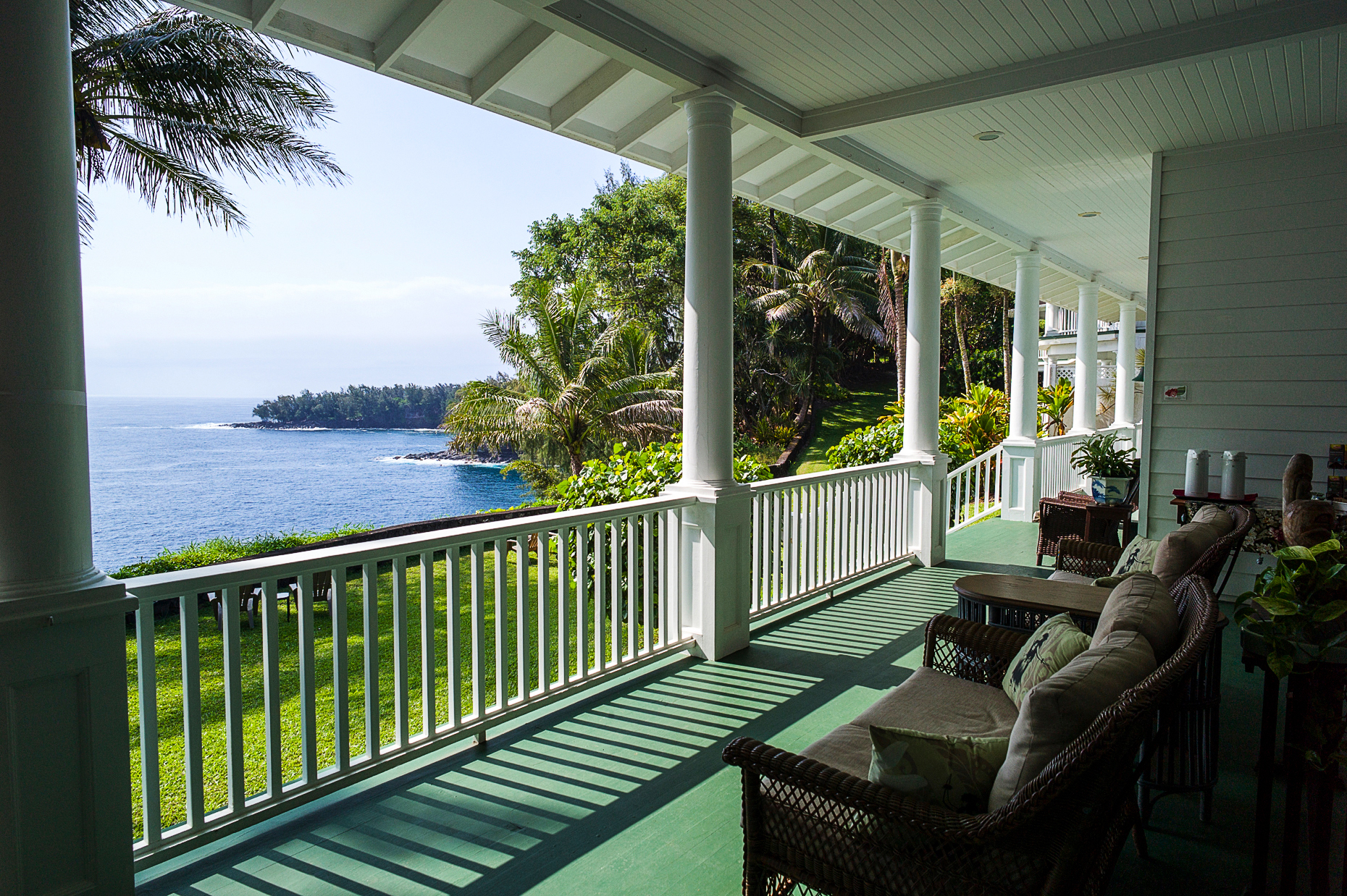 Porch view of Pacific Ocean from The Palms Cliff House inn, Honomu, The Big Island of Hawai