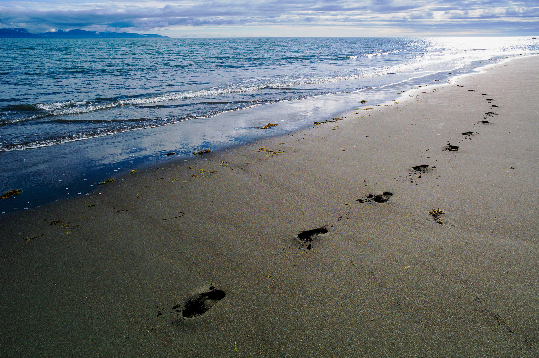 Human footprints along Bishop Beach, Homer, Alaska, USA