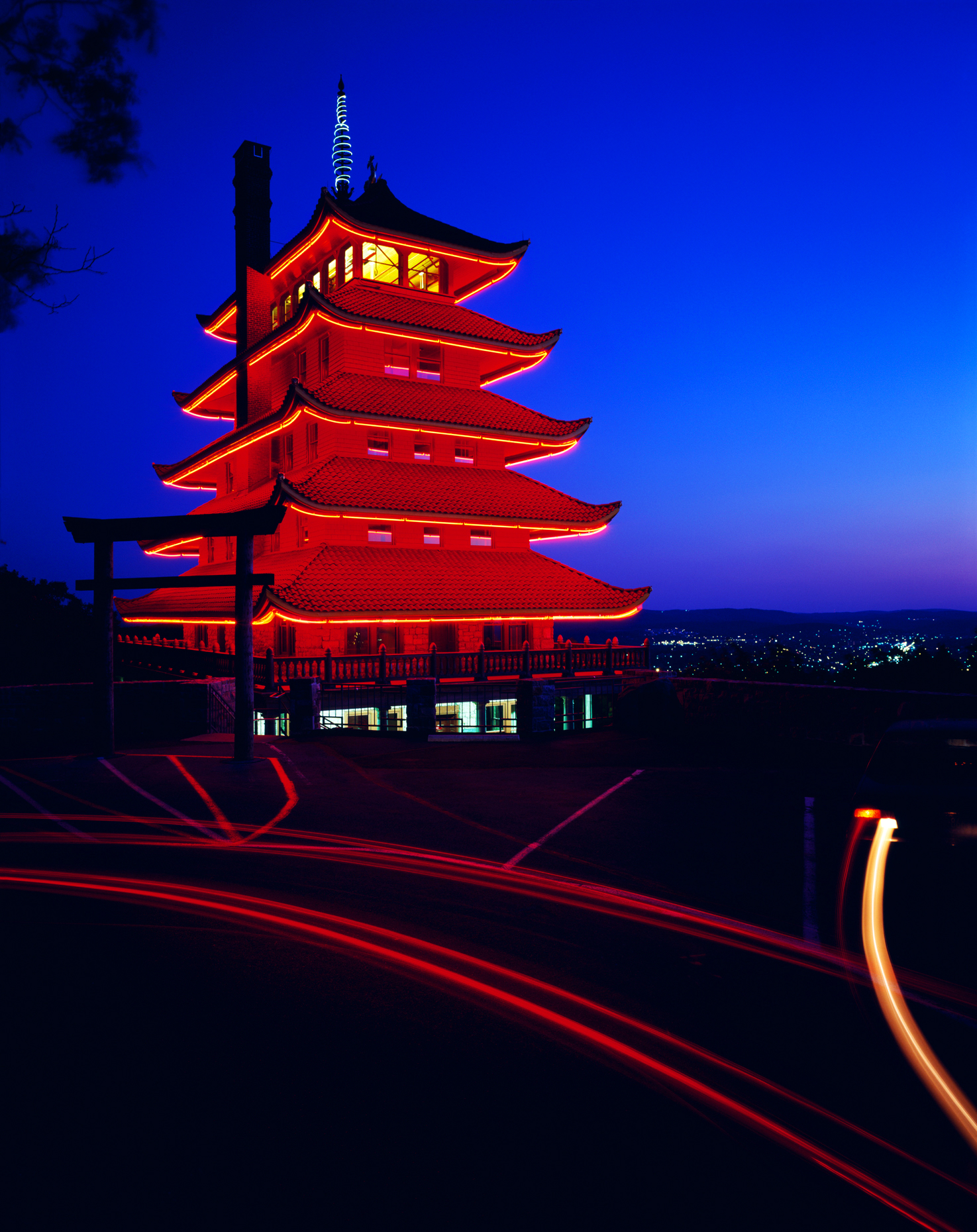 The Pagoda at dusk, the unique landmark of Reading, Pennsylvania, at the top of Duryea Drive on Mount Penn.