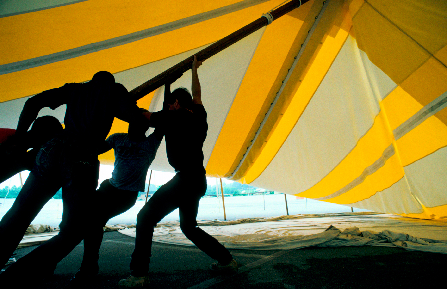 FOUR WORKERS STRUGGLE TO ERECT A LARGE YELLOW RENTAL TENT