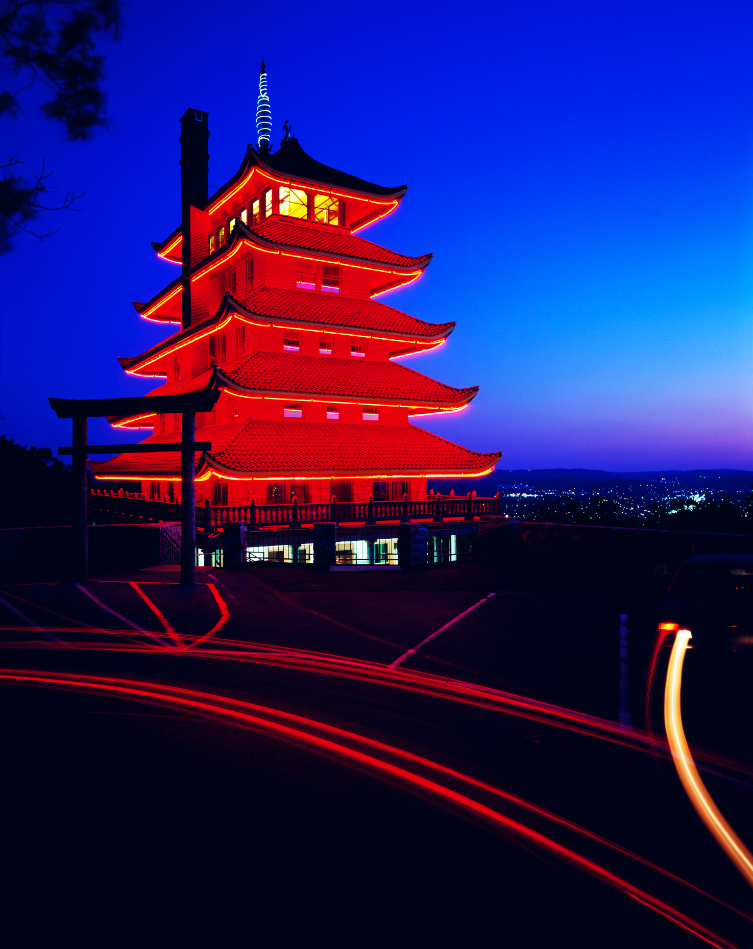 The Pagoda at dusk, the unique landmark of Reading, Pennsylvania, at the top of Duryea Drive on Mount Penn.
