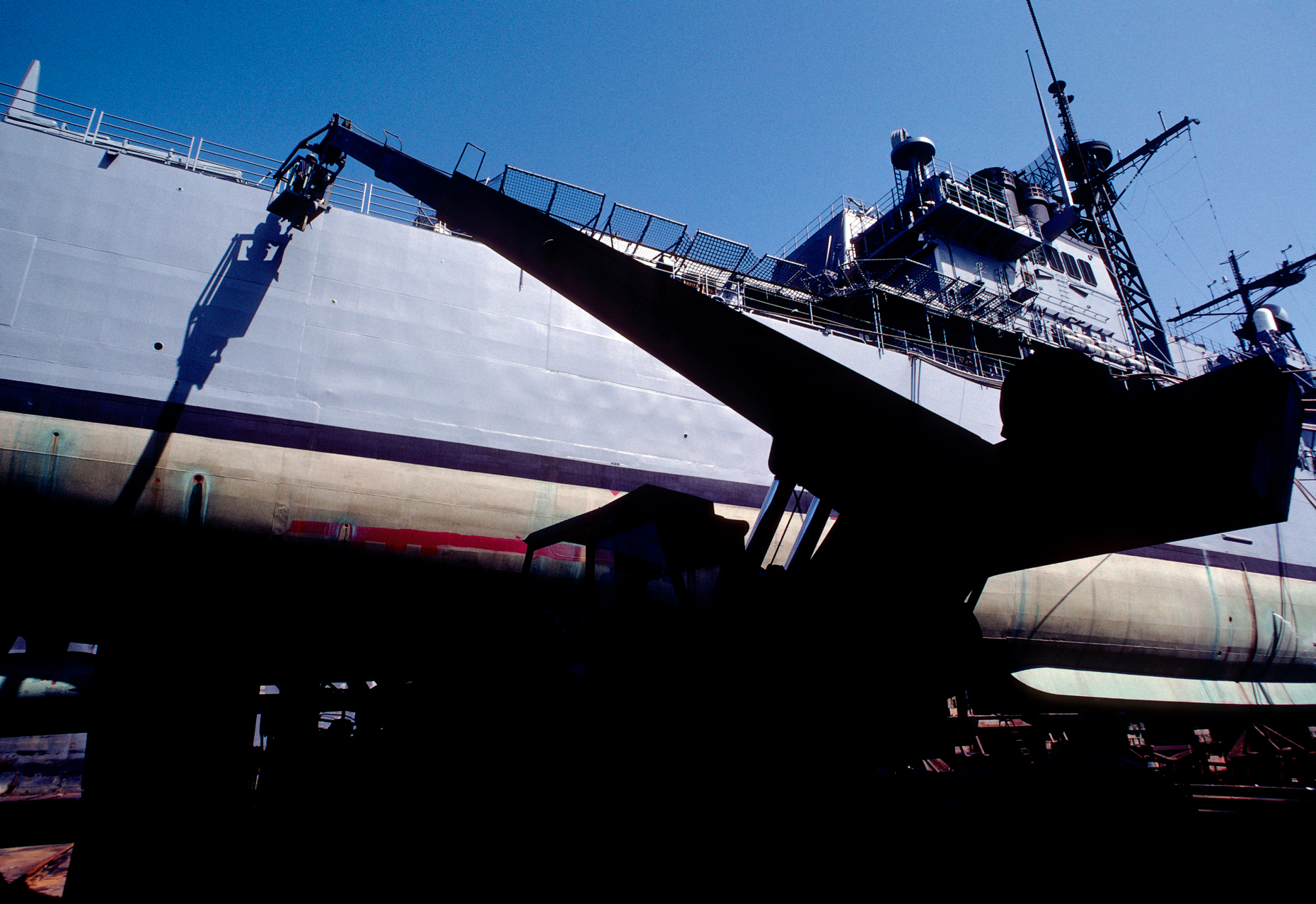 USS Ticonderoga (DDG/CG-47), guided-missile cruiser US Navy in drydock for refurbishing at Pascagoula, Mississippi, USA
