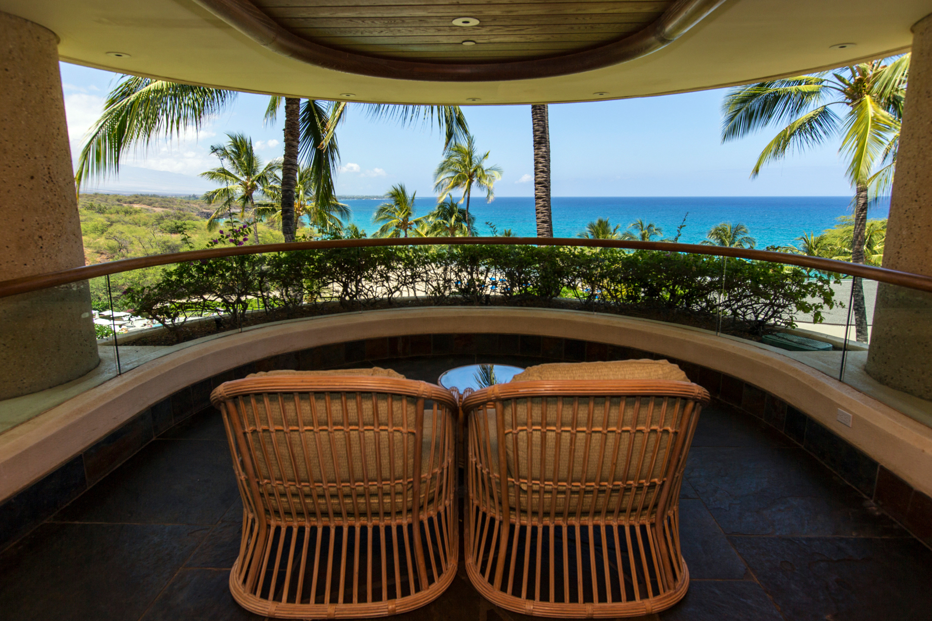 Interior view of Hapuna Beach Prince Hotel & Golf Course, with beach & ocean beyond, Kona Coast, Hawai