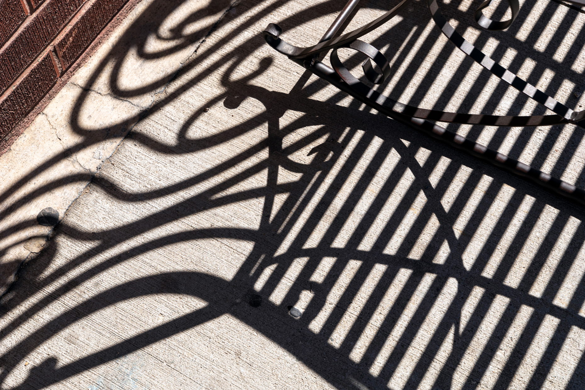 Wrought iron bench creates graphic abstract shadow patterns; Nat