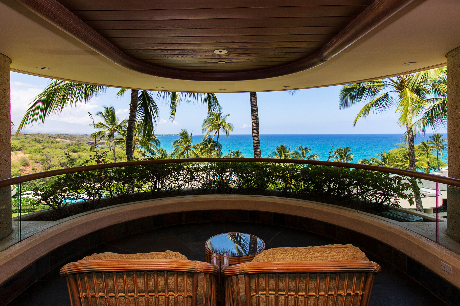 Interior view of Hapuna Beach Prince Hotel & Golf Course, with beach & ocean beyond, Kona Coast, Hawai