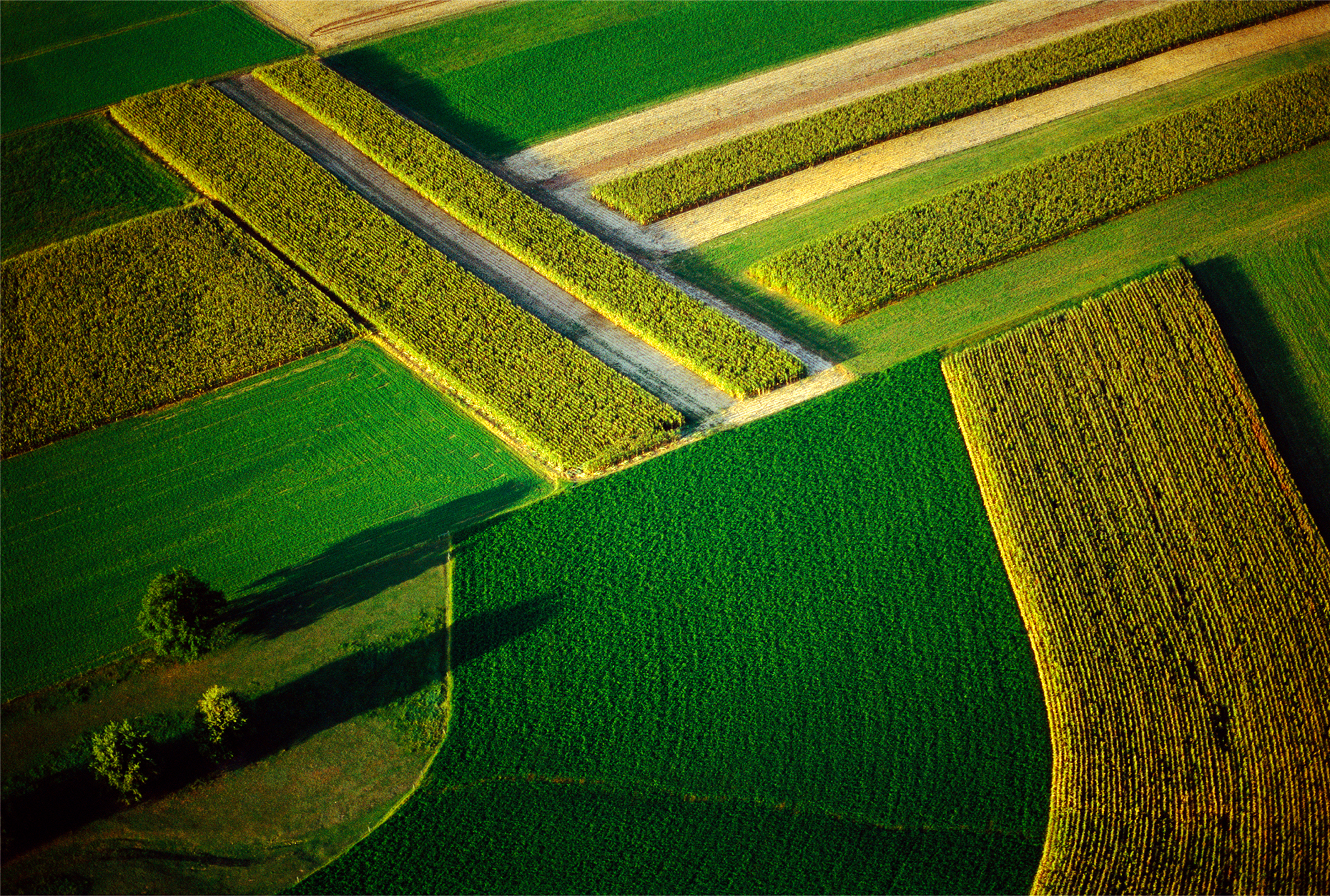 Aerial view of Lancaster County farm fields, home to the Amish, Pennsylvania, USA