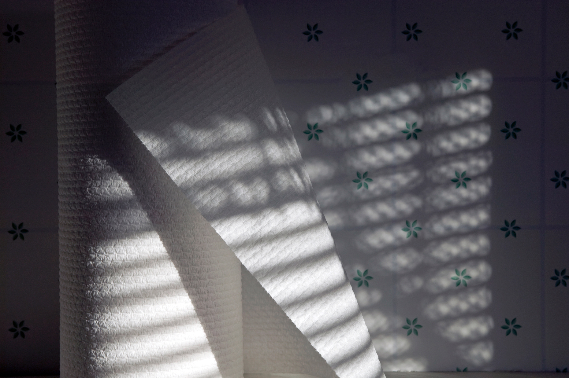 Sunlight streaming through venetian blinds create a striped pattern of shadows on a roll of paper towel.