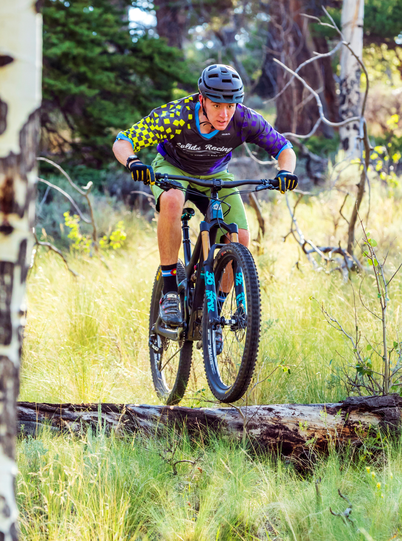 Teenage boy mountain biking through Aspen tree meadow; Poncha Pa