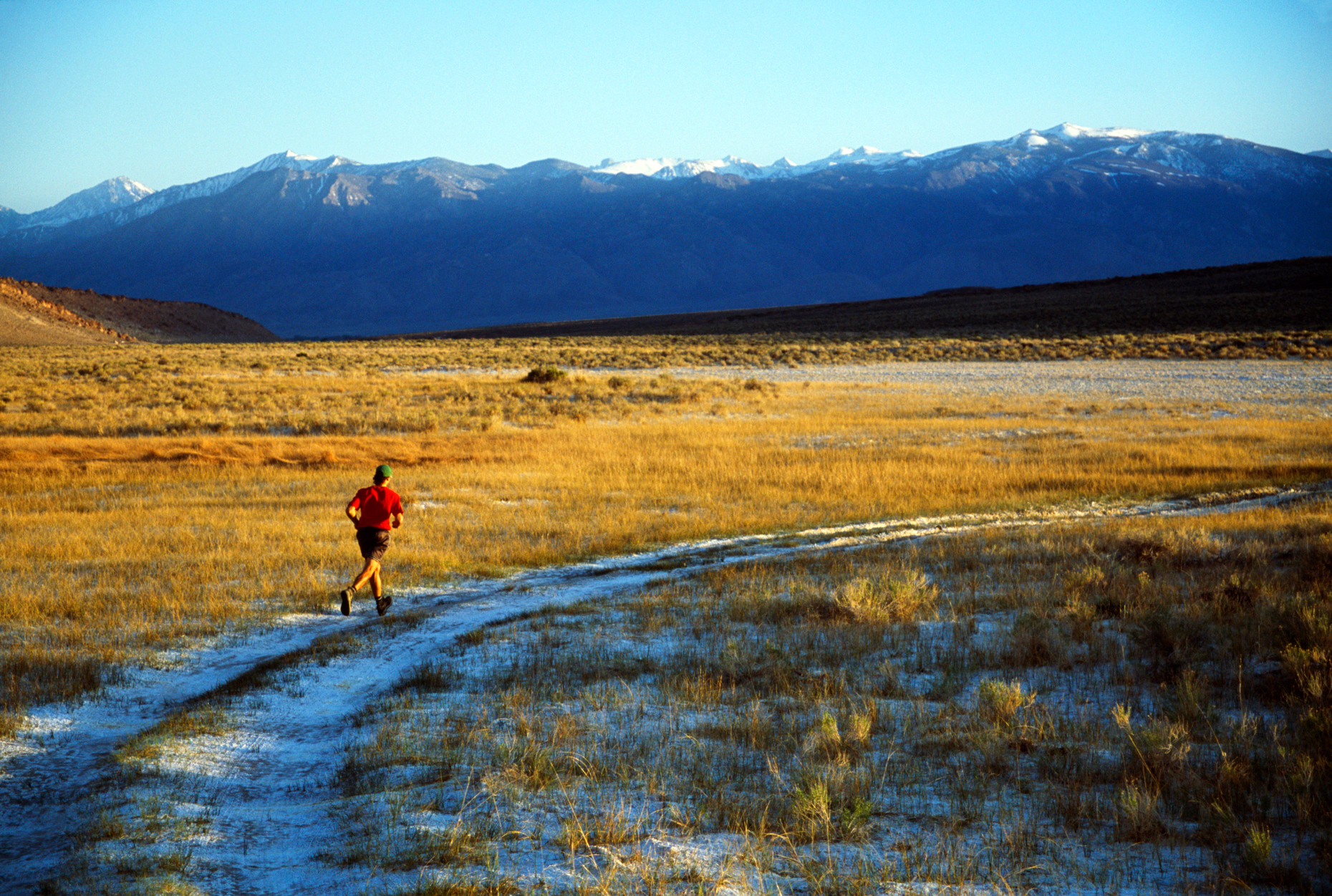 Lone  male trail runner in the Eastern Sierra Mountain, Californ