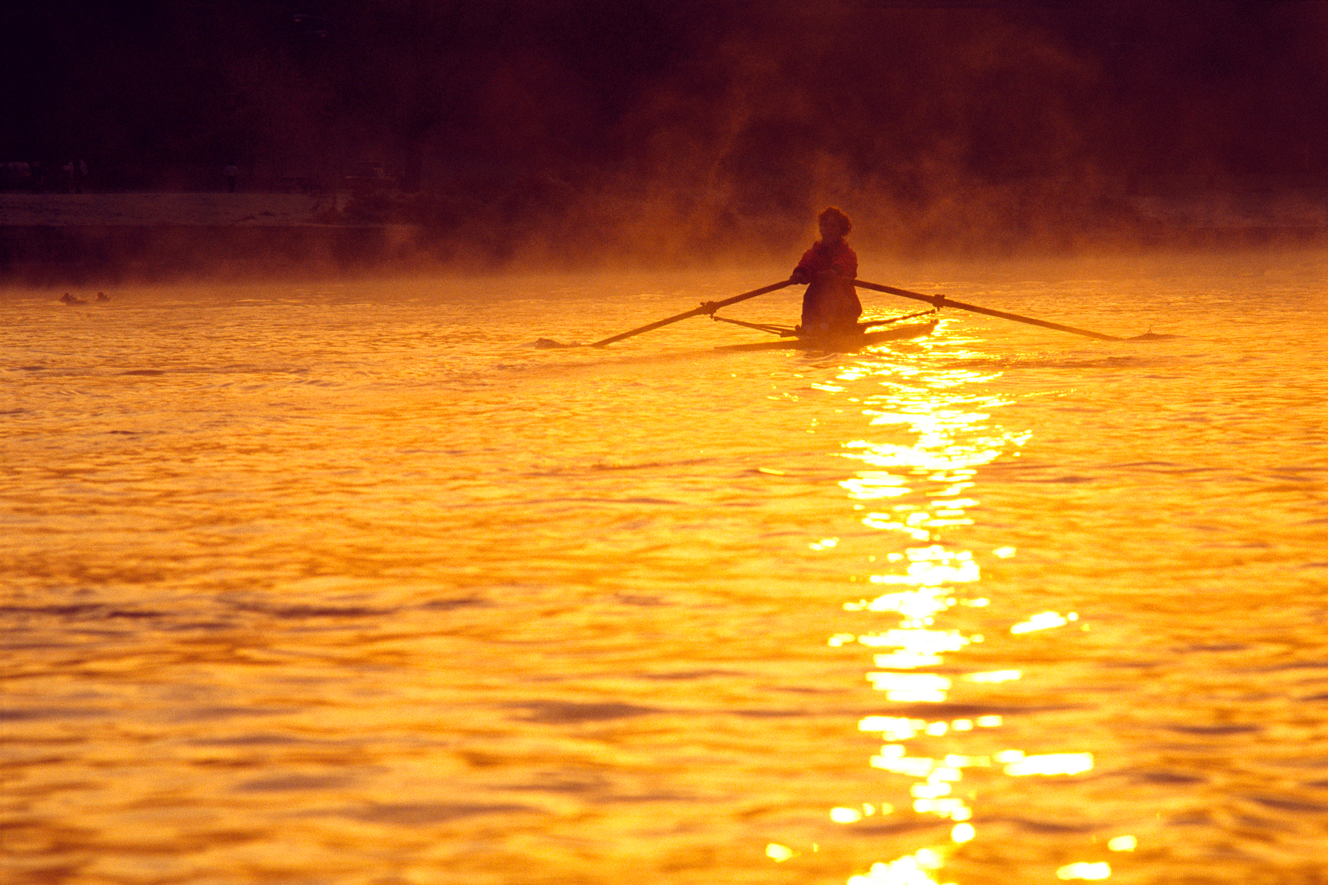 Scullers rowing on the Schuylkill River at dawn, Philadelphia, Pennsylvania, USA
