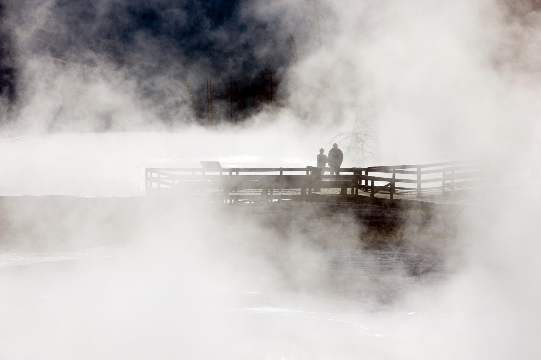 Tourists on the boardwalk viewed through steam, Main Terrace, Mammoth Hot Springs, Yellowstone National Park; Wyoming; USA;